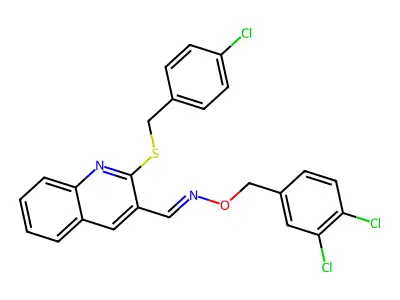 1-[2-[(4-chlorophenyl)methylsulfanyl]quinolin-3-yl]-N-[(3,4-dichlorophenyl)methoxy]methanimine structure