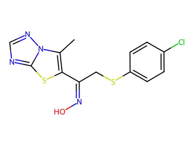 2-[(4-chlorophenyl)sulfanyl]-1-(6-methyl[1,3]thiazolo[3,2-b][1,2,4]triazol-5-yl)-1-ethanone oxime structure