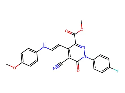 methyl 5-cyano-1-(4-fluorophenyl)-4-[(E)-2-(4-methoxyanilino)ethenyl]-6-oxo-1,6-dihydro-3-pyridazinecarboxylate structure