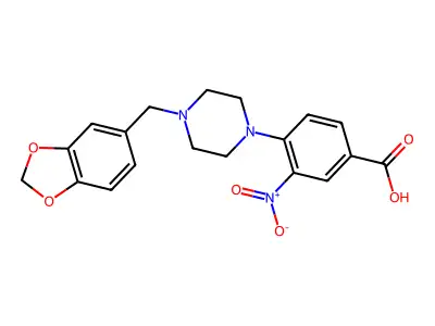 4-[4-(1,3-Benzodioxol-5-ylmethyl)piperazino]-3-nitrobenzenecarboxylic acid structure
