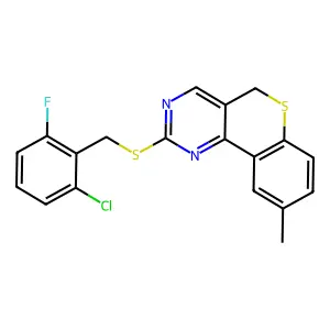 2-[(2-chloro-6-fluorobenzyl)sulfanyl]-9-methyl-5H-thiochromeno[4,3-d]pyrimidine structure