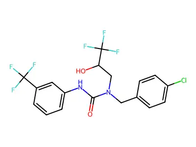 1-[(4-chlorophenyl)methyl]-1-(3,3,3-trifluoro-2-hydroxypropyl)-3-[3-(trifluoromethyl)phenyl]urea structure