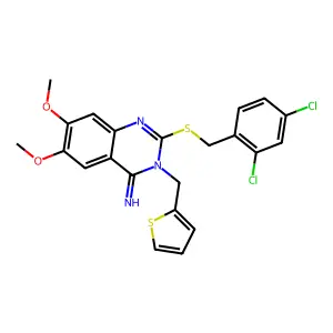2-[(2,4-dichlorobenzyl)sulfanyl]-6,7-dimethoxy-3-(2-thienylmethyl)-4(3H)-quinazolinimine structure