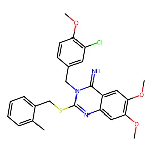 3-(3-chloro-4-methoxybenzyl)-6,7-dimethoxy-2-[(2-methylbenzyl)sulfanyl]-4(3H)-quinazolinimine structure