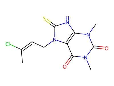 (E)-7-(3-chlorobut-2-en-1-yl)-8-mercapto-1,3-dimethyl-1H-purine-2,6(3H,7H)-dione structure