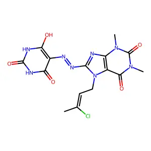 (E)-5-(2-(7-(3-chlorobut-2-en-1-yl)-1,3-dimethyl-2,6-dioxo-2,3,6,7-tetrahydro-1H-purin-8-yl)hydrazono)pyrimidine-2,4,6(1H,3H,5H)-trione structure