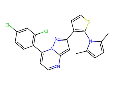 7-(2,4-dichlorophenyl)-2-[2-(2,5-dimethyl-1H-pyrrol-1-yl)-3-thienyl]pyrazolo[1,5-a]pyrimidine structure