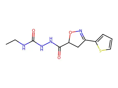 N-ethyl-2-{[3-(2-thienyl)-4,5-dihydro-5-isoxazolyl]carbonyl}-1-hydrazinecarboxamide structure