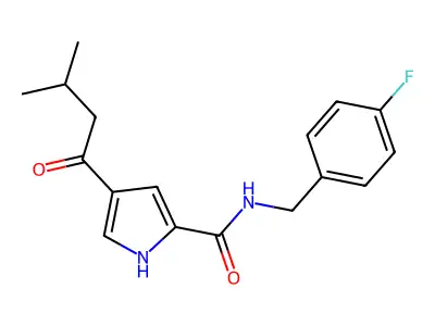 N-[(4-fluorophenyl)methyl]-4-(3-methylbutanoyl)-1H-pyrrole-2-carboxamide structure