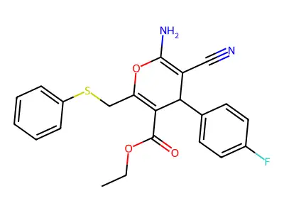 ethyl 6-amino-5-cyano-4-(4-fluorophenyl)-2-[(phenylsulfanyl)methyl]-4H-pyran-3-carboxylate structure