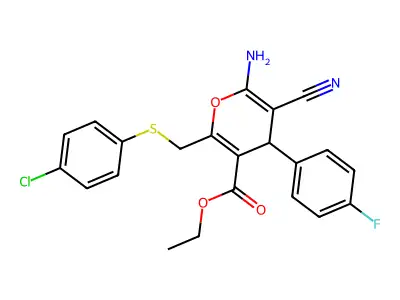 ethyl 6-amino-2-{[(4-chlorophenyl)sulfanyl]methyl}-5-cyano-4-(4-fluorophenyl)-4H-pyran-3-carboxylate structure