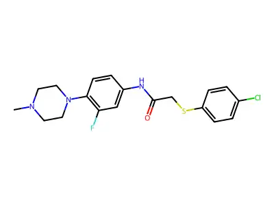 2-[(4-chlorophenyl)sulfanyl]-N-[3-fluoro-4-(4-methylpiperazino)phenyl]acetamide structure