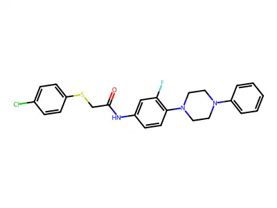 2-[(4-chlorophenyl)sulfanyl]-N-[3-fluoro-4-(4-phenylpiperazino)phenyl]acetamide structure