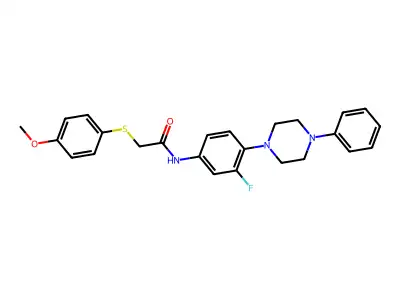 N-[3-fluoro-4-(4-phenylpiperazino)phenyl]-2-[(4-methoxyphenyl)sulfanyl]acetamide structure