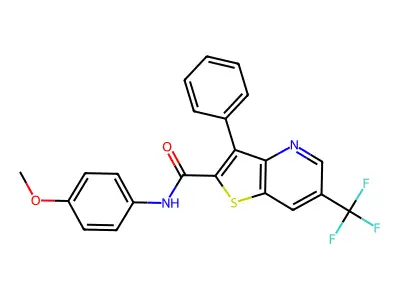 N-(4-methoxyphenyl)-3-phenyl-6-(trifluoromethyl)thieno[3,2-b]pyridine-2-carboxamide structure