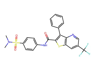 N-[4-(dimethylsulfamoyl)phenyl]-3-phenyl-6-(trifluoromethyl)thieno[3,2-b]pyridine-2-carboxamide structure
