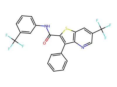 3-phenyl-6-(trifluoromethyl)-N-[3-(trifluoromethyl)phenyl]thieno[3,2-b]pyridine-2-carboxamide structure