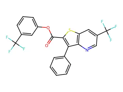 3-(trifluoromethyl)phenyl 3-phenyl-6-(trifluoromethyl)thieno[3,2-b]pyridine-2-carboxylate structure