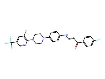 3-[4-[4-[3-chloro-5-(trifluoromethyl)pyridin-2-yl]piperazin-1-yl]anilino]-1-(4-fluorophenyl)prop-2-en-1-one structure