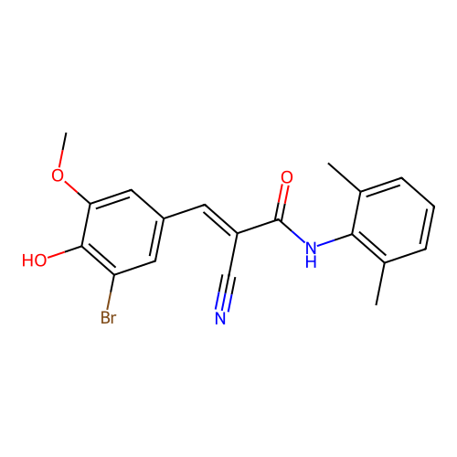 (E)-3-(3-bromo-4-hydroxy-5-methoxyphenyl)-2-cyano-N-(2,6-dimethylphenyl)prop-2-enamide structure