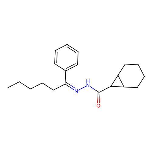 N-(1-phenylhexylideneamino)bicyclo[4.1.0]heptane-7-carboxamide structure