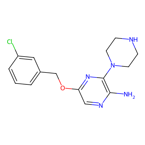 5-[(3-Chlorophenyl)methoxy]-3-(1-piperazinyl)-2-pyrazinamine structure