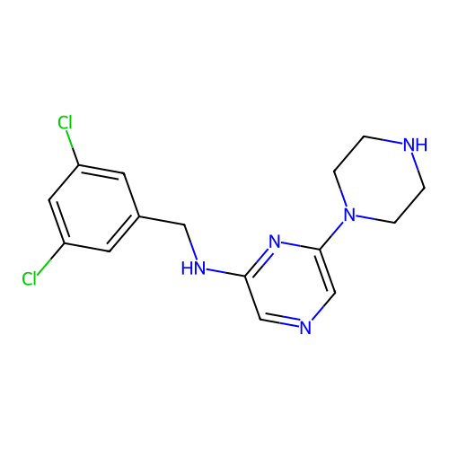 N-[(3,5-Dichlorophenyl)methyl]-6-(1-piperazinyl)-2-pyrazinamine structure
