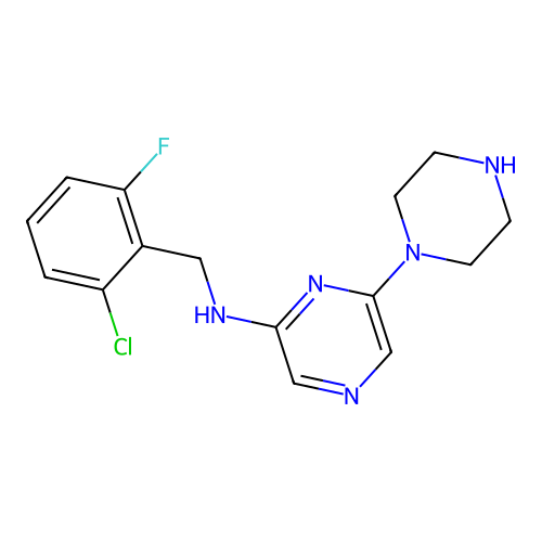 N-[(2-chloro-6-fluorophenyl)methyl]-6-piperazin-1-ylpyrazin-2-amine structure