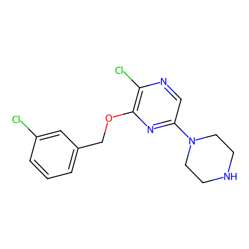 2-Chloro-3-[(3-chlorophenyl)methoxy]-5-(1-piperazinyl)pyrazine structure