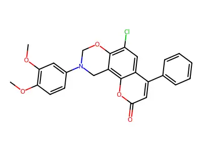 6-chloro-9-(3,4-dimethoxyphenyl)-4-phenyl-8,10-dihydropyrano[2,3-f][1,3]benzoxazin-2-one structure