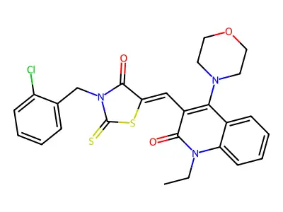 3-({3-[(2-Chlorophenyl)methyl]-4-oxo-2-sulfanylidene-1,3-thiazolidin-5-ylidene}methyl)-1-ethyl-4-(morpholin-4-yl)quinolin-2(1H)-one structure