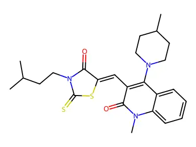 3-(3-methylbutyl)-5-[[1-methyl-4-(4-methylpiperidin-1-yl)-2-oxoquinolin-3-yl]methylidene]-2-sulfanylidene-1,3-thiazolidin-4-one structure