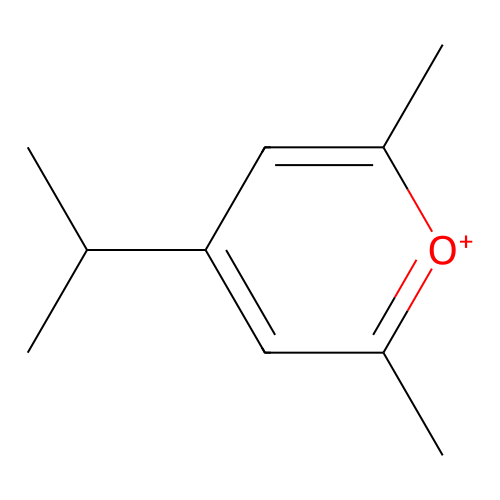 InChI=1/C10H15O/c1-7(2)10-5-8(3)11-9(4)6-10/h5-7H,1-4H3/q+ structure