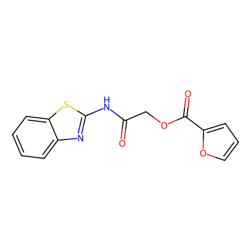 Furan-2-carboxylic acid benzothiazol-2-ylcarbamoylmethyl ester structure