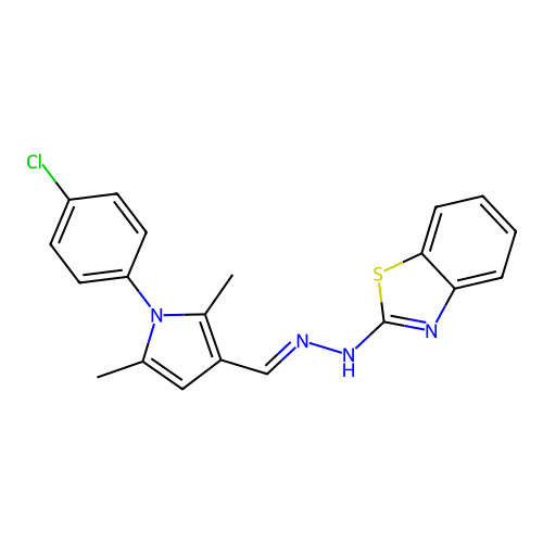 N-[[1-(4-chlorophenyl)-2,5-dimethyl-pyrrol-3-yl]methylideneamino]benzothiazol-2-amine structure