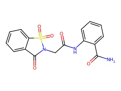 2-(2-(1,1-dioxido-3-oxobenzo[d]isothiazol-2(3H)-yl)acetamido)benzamide structure