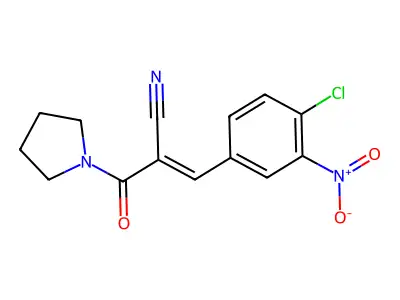 (E)-3-(4-chloro-3-nitrophenyl)-2-(pyrrolidine-1-carbonyl)prop-2-enenitrile structure
