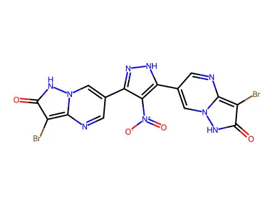6,6'-(4-nitro-1H-pyrazole-3,5-diyl)bis(3-bromopyrazolo[1,5-a]pyrimidin-2(1H)-one) structure