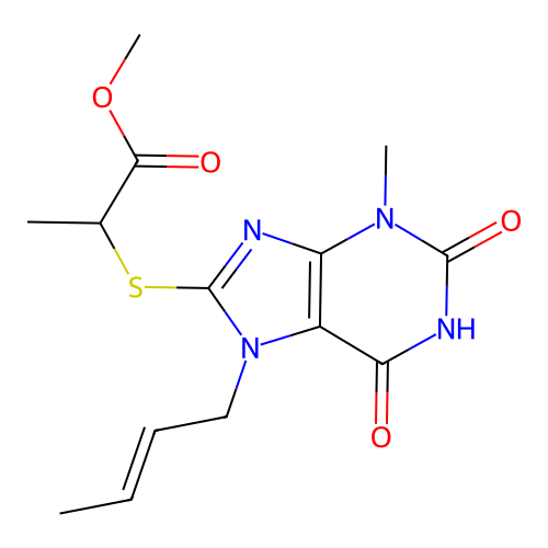 methyl 2-[7-[(E)-but-2-enyl]-3-methyl-2,6-dioxopurin-8-yl]sulfanylpropanoate structure
