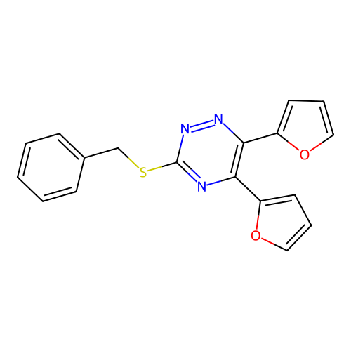 3-Benzylsulfanyl-5,6-bis(furan-2-yl)-1,2,4-triazine structure
