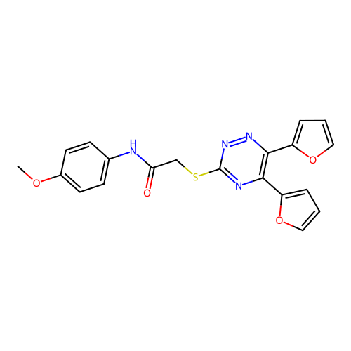 2-{[5,6-di(furan-2-yl)-1,2,4-triazin-3-yl]sulfanyl}-N-(4-methoxyphenyl)acetamide structure