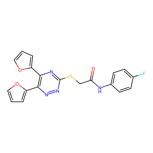 2-{[5,6-di(furan-2-yl)-1,2,4-triazin-3-yl]sulfanyl}-N-(4-fluorophenyl)acetamide structure