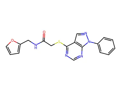 N-(furan-2-ylmethyl)-2-(1-phenylpyrazolo[3,4-d]pyrimidin-4-yl)sulfanylacetamide structure