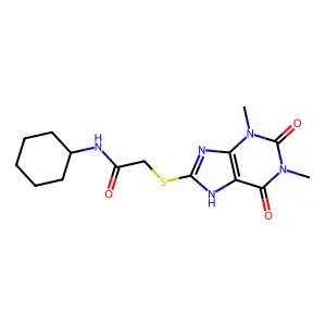 2-(1,3-dimethyl-2,6-dioxo(1,3-dihydropurin-8-ylthio))-N-cyclohexylacetamide structure