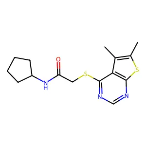 N-cyclopentyl-2-(5,6-dimethylthieno[2,3-d]pyrimidin-4-yl)sulfanylacetamide structure