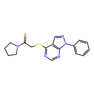 2-((1-phenyl-1H-pyrazolo[3,4-d]pyrimidin-4-yl)thio)-1-(pyrrolidin-1-yl)ethanone structure