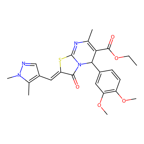 ethyl (2E)-5-(3,4-dimethoxyphenyl)-2-[(1,5-dimethyl-1H-pyrazol-4-yl)methylidene]-7-methyl-3-oxo-2H,3H,5H-[1,3]thiazolo[3,2-a]pyrimidine-6-carboxylate structure