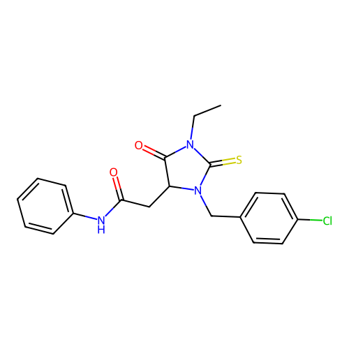 2-[3-(4-chlorobenzyl)-1-ethyl-5-oxo-2-thioxoimidazolidin-4-yl]-N-phenylacetamide structure