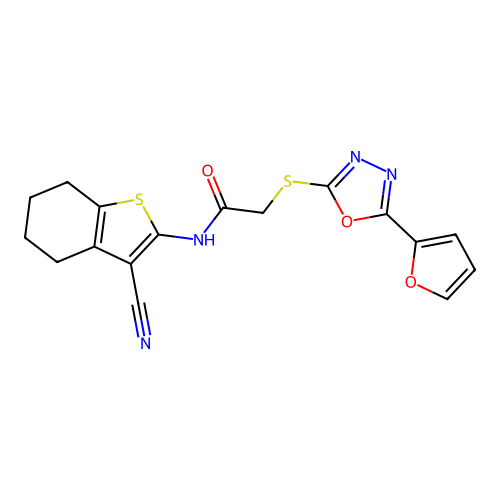 N-(3-cyano-4,5,6,7-tetrahydro-1-benzothiophen-2-yl)-2-[[5-(furan-2-yl)-1,3,4-oxadiazol-2-yl]sulfanyl]acetamide structure