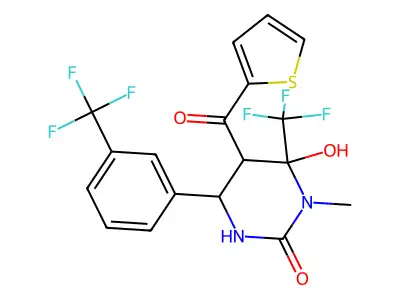 6-hydroxy-1-methyl-5-(thiophene-2-carbonyl)-6-(trifluoromethyl)-4-[3-(trifluoromethyl)phenyl]-1,3-diazinan-2-one structure